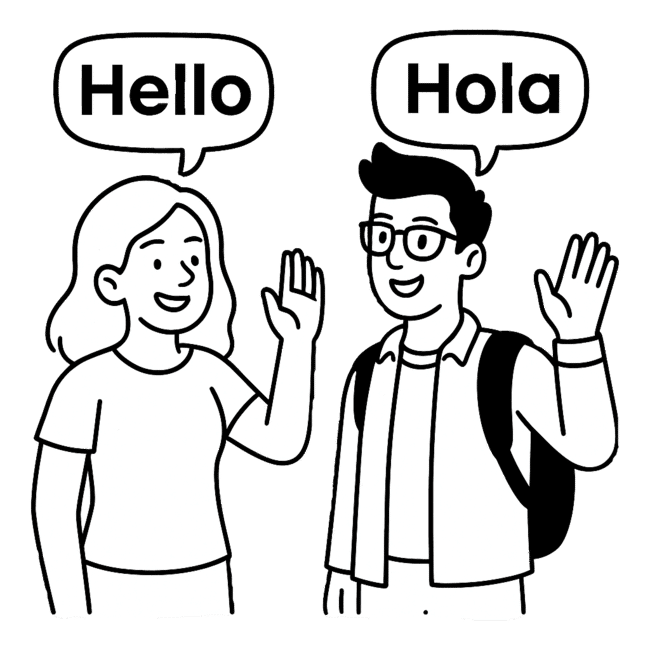 Ilustración de dos estudiantes saludándose en inglés y español, representando la oportunidad de aprender idiomas con descuento en Puebla.