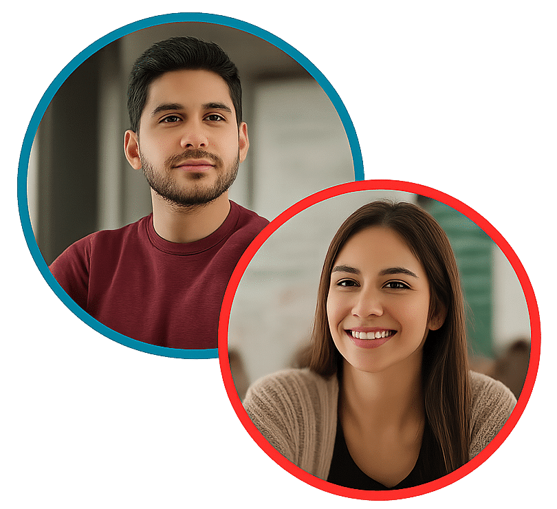 Fotografías circulares de dos estudiantes sonrientes que representan la atención personalizada en centros de idiomas en Puebla.