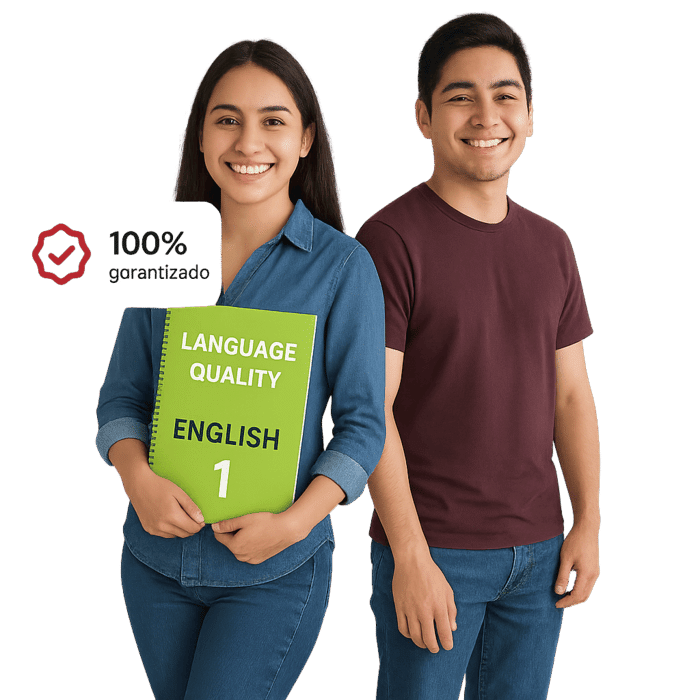 Estudiantes con material educativo en inglés mostrando un curso de capacitación de idiomas en Puebla 100% garantizado.