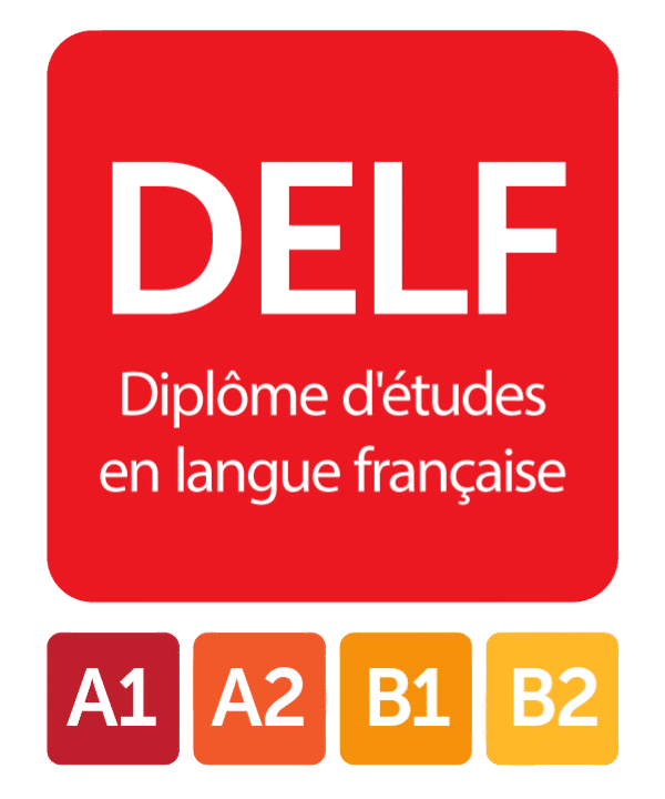 Logotipo oficial del examen DELF, diploma de estudios en lengua francesa con niveles A1 a B2, disponible en cursos de idiomas en Puebla.
