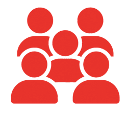 Ícono rojo de grupo de personas que simboliza una escuela de idiomas en Puebla con enfoque en clases grupales y comunidad estudiantil.