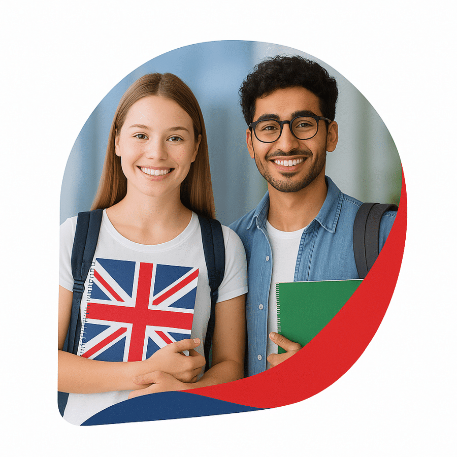 Estudiantes jóvenes con mochilas, listos para clases de inglés, ideal para promocionar cursos de idiomas.