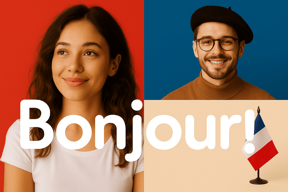 Estudiantes aprendiendo francés con bandera de Francia y texto Bonjour como parte de preparación para certificaciones en Puebla