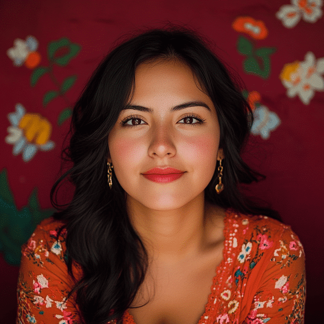 Retrato de mujer mexicana sonriente con fondo floral, ideal para promoción de descuentos en academias de idiomas y cursos escolares